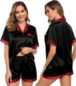 SWOMOG Couples Matching Pajama Set Silk Satin Short Sleeve Pjs Set Top and Shorts Sleepwear Soft Button-Down Loungewear - Image 2